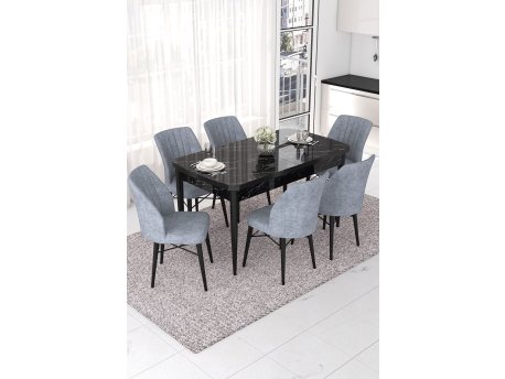 HANAH HOME Set Trpezarijski sto i 6 stolica Nef Black Marble Grey