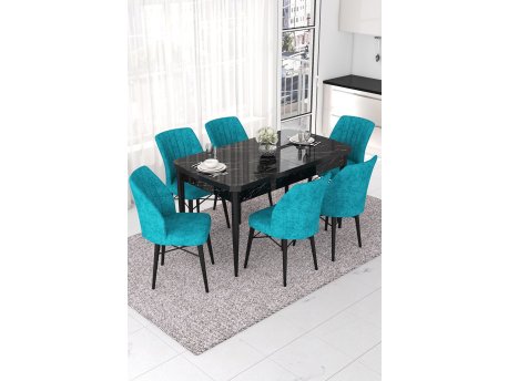HANAH HOME Set Trpezarijski sto i 6 stolica Nef Black Marble Turquoise