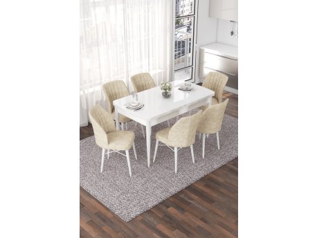 HANAH HOME Set Trpezarijski sto i 6 stolica Nef White Cream