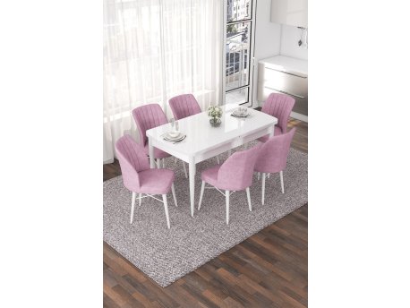 HANAH HOME Set Trpezarijski sto i 6 stolica Nef White Pink