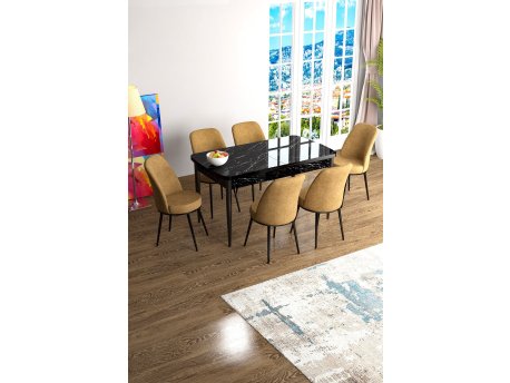 HANAH HOME Set Trpezarijski sto i 6 stolica Han Black Marble Cappuccino