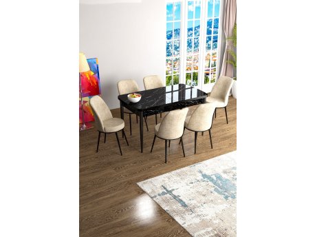 HANAH HOME Set Trpezarijski sto i 6 stolica Han Black Marble Cream