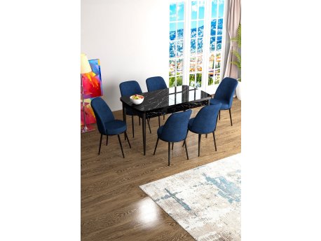 HANAH HOME Set Trpezarijski sto i 6 stolica Han Black Marble Navy Blue
