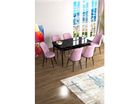HANAH HOME Set Trpezarijski sto i 6 stolica Han Black Marble Pink