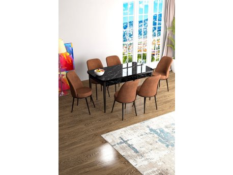 HANAH HOME Set Trpezarijski sto i 6 stolica Han Black Marble Tile Red