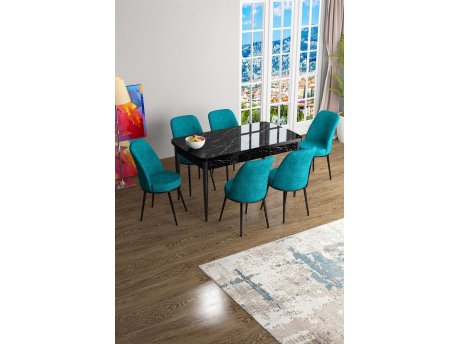HANAH HOME Set Trpezarijski sto i 6 stolica Han Black Marble Turquoise