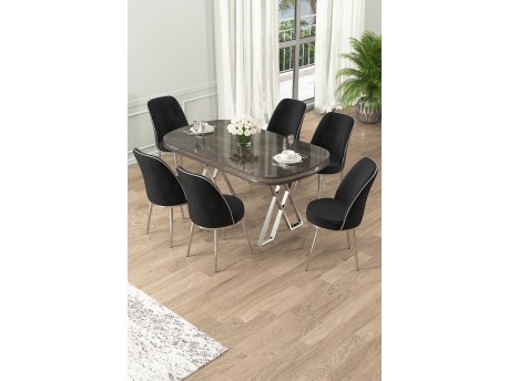 HANAH HOME Set Trpezarijski sto i 6 stolica Lai Anthracite Chrome Black