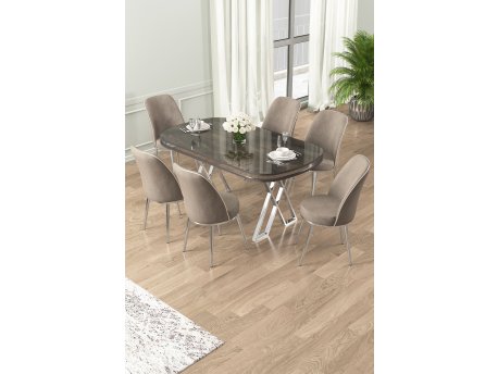 HANAH HOME Set Trpezarijski sto i 6 stolica Lai Anthracite Chrome Cappuccino