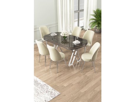 HANAH HOME Set Trpezarijski sto i 6 stolica Lai Anthracite Chrome Cream
