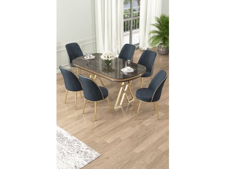 HANAH HOME Set Trpezarijski sto i 6 stolica Lai Anthracite Gold