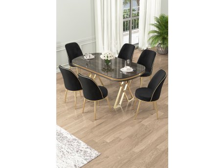 HANAH HOME Set Trpezarijski sto i 6 stolica Lai Anthracite Gold Black