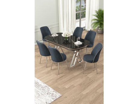 HANAH HOME Set Trpezarijski sto i 6 stolica Lai Black Marble Chrome Anthracite