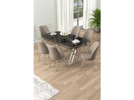 HANAH HOME Set Trpezarijski sto i 6 stolica Lai Black Marble Chrome Cappuccino