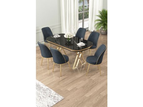HANAH HOME Set Trpezarijski sto i 6 stolica Lai Black Marble Gold Anthracite