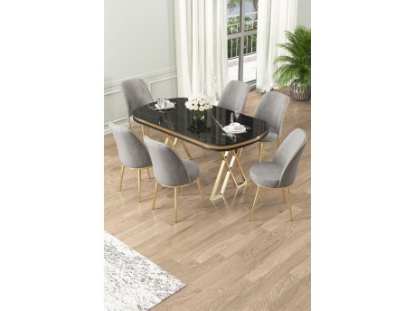 HANAH HOME Set Trpezarijski sto i 6 stolica Lai Black Marble Gold Grey