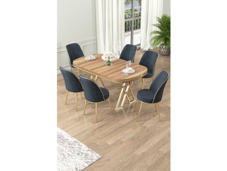 HANAH HOME Set Trpezarijski sto i 6 stolica Lai Light Walnut Gold Anthracite