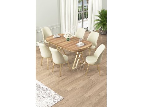 HANAH HOME Set Trpezarijski sto i 6 stolica Lai Light Walnut Gold Cream