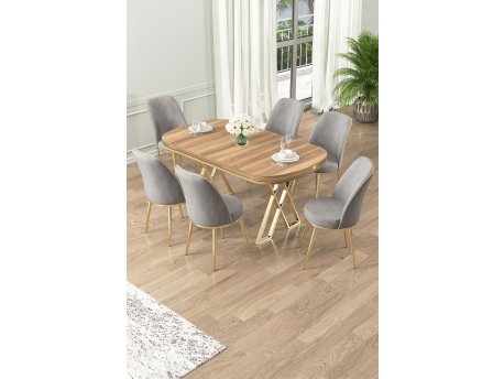HANAH HOME Set Trpezarijski sto i 6 stolica Lai Light Walnut Gold Grey