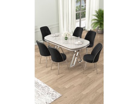 HANAH HOME Set Trpezarijski sto i 6 stolica Lai White Chrome Black