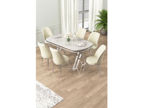 HANAH HOME Set Trpezarijski sto i 6 stolica Lai White Chrome Cream