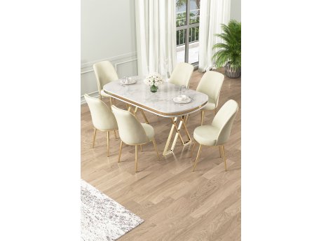 HANAH HOME Set Trpezarijski sto i 6 stolica Lai White Gold Cream