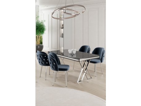 HANAH HOME Set Trpezarijski sto i 4 stolice Rigel Black Marble Chrome Anthracite