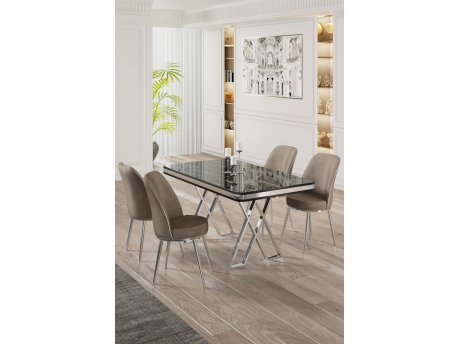 HANAH HOME Set Trpezarijski sto i 4 stolice Vals Black Marble Chrome Cappuccino