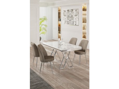 HANAH HOME Set Trpezarijski sto i 4 stolice Vals White Chrome Cappuccino