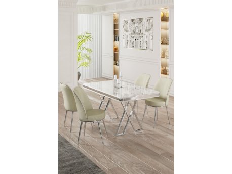 HANAH HOME Set Trpezarijski sto i 4 stolice Vals White Chrome Cream