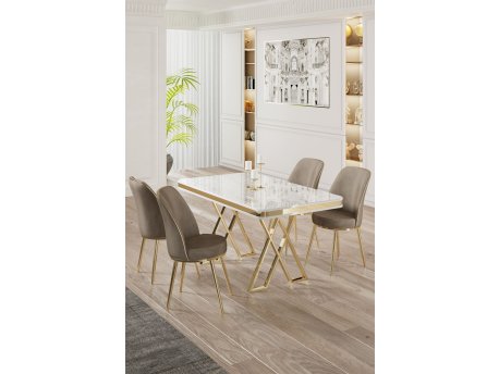 HANAH HOME Set Trpezarijski sto i 4 stolice Vals White Gold Cappuccino