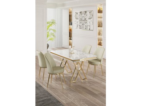 HANAH HOME Set Trpezarijski sto i 4 stolice Vals White Gold Cream