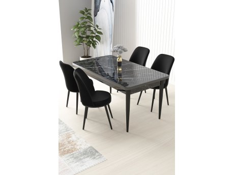 HANAH HOME Set Trpezarijski sto i 4 stolice Nil Black Marble Black