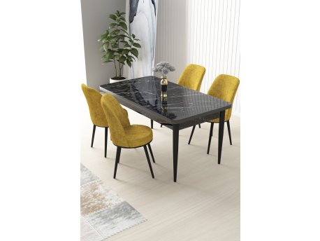 HANAH HOME Set Trpezarijski sto i 4 stolice Nil Black Marble Mustard