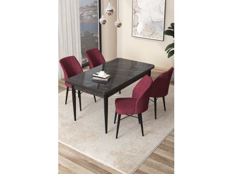 HANAH HOME Set Trpezarijski sto i 4 stolice Arp Black Marble Burgundy