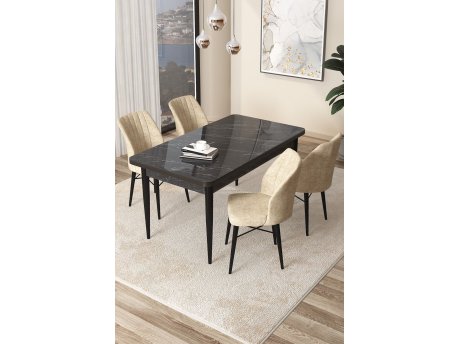 HANAH HOME Set Trpezarijski sto i 4 stolice Arp Black Marble Cream