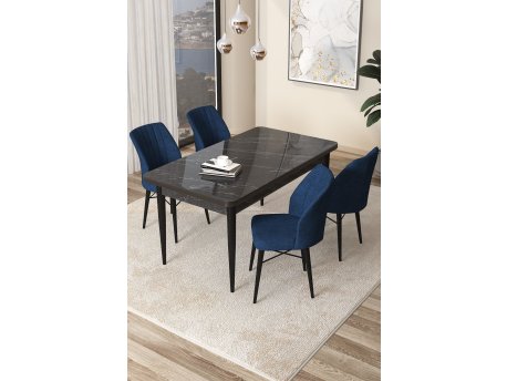 HANAH HOME Set Trpezarijski sto i 4 stolice Arp Black Marble Navy Blue
