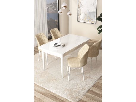 HANAH HOME Set Trpezarijski sto i 4 stolice Arp White Cream