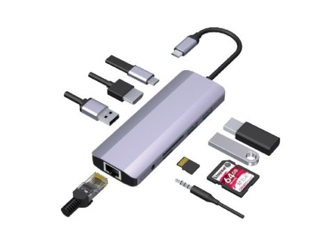 GEMBIRD A-CM-COMBO9-06 ** USB-C 9-in-1 multi-port RJ45+USB3.0+SD+USB-C+HDMI+USB2.0+3,5mm (1359)