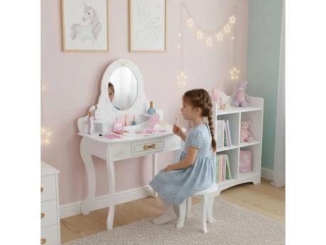 ECO TOYS Veliki drveni toaletni sto za decu sa ogledalom i roze dodacima, ECOTOYS