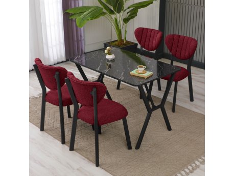 HANAH HOME Set Trpezarijski sto i 4 stolice Elma Burgundy Black