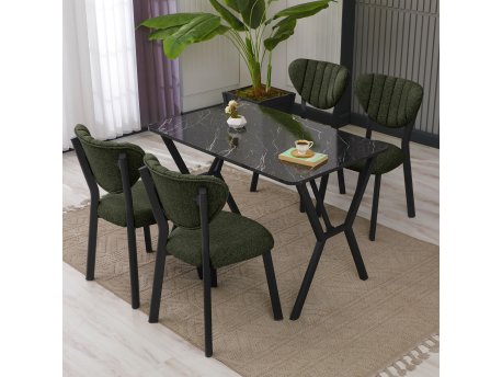 HANAH HOME Set Trpezarijski sto i 4 stolice Elma Green Black