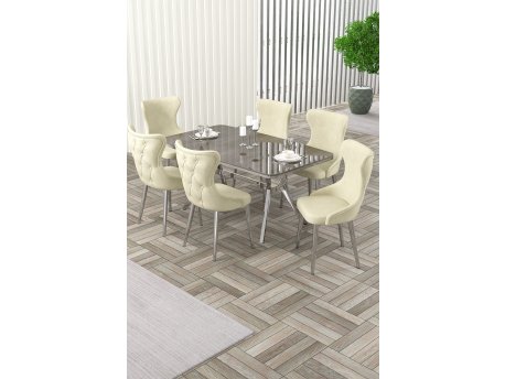 HANAH HOME Rasklopivi trpezarijski sto i stolice (7 delova) Esla Anthracite Chrome Cream