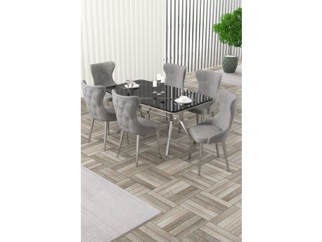HANAH HOME Rasklopivi trpezarijski sto i stolice (7 delova) Esla Black Marble Chrome Grey