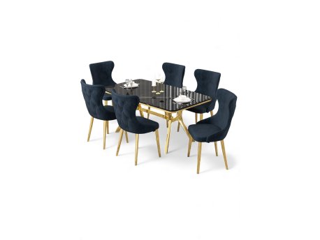 HANAH HOME Rasklopivi trpezarijski sto i stolice (7 delova) Esla Black Marble Gold Anthracite