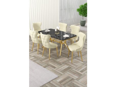 HANAH HOME Rasklopivi trpezarijski sto i stolice (7 delova) Esla Black Marble Gold Cream