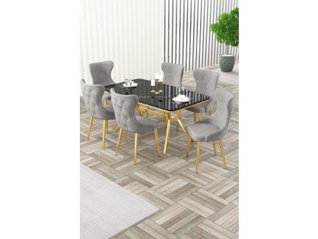 HANAH HOME Rasklopivi trpezarijski sto i stolice (7 delova) Esla Black Marble Gold Grey