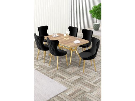 HANAH HOME Rasklopivi trpezarijski sto i stolice (7 delova) Esla Hrast Gold Black