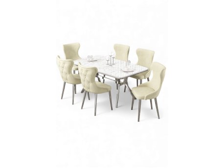HANAH HOME Rasklopivi trpezarijski sto i stolice (7 delova) Esla White Marble Chrome Cream