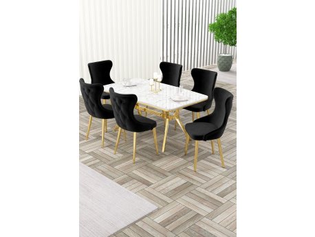 HANAH HOME Rasklopivi trpezarijski sto i stolice (7 delova) Esla White Marble Gold Black