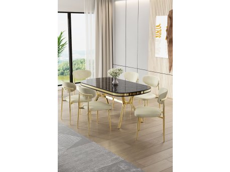 HANAH HOME Set trpezarijskog stola i stolica (7 delova) Olya Black Marble Gold Cream